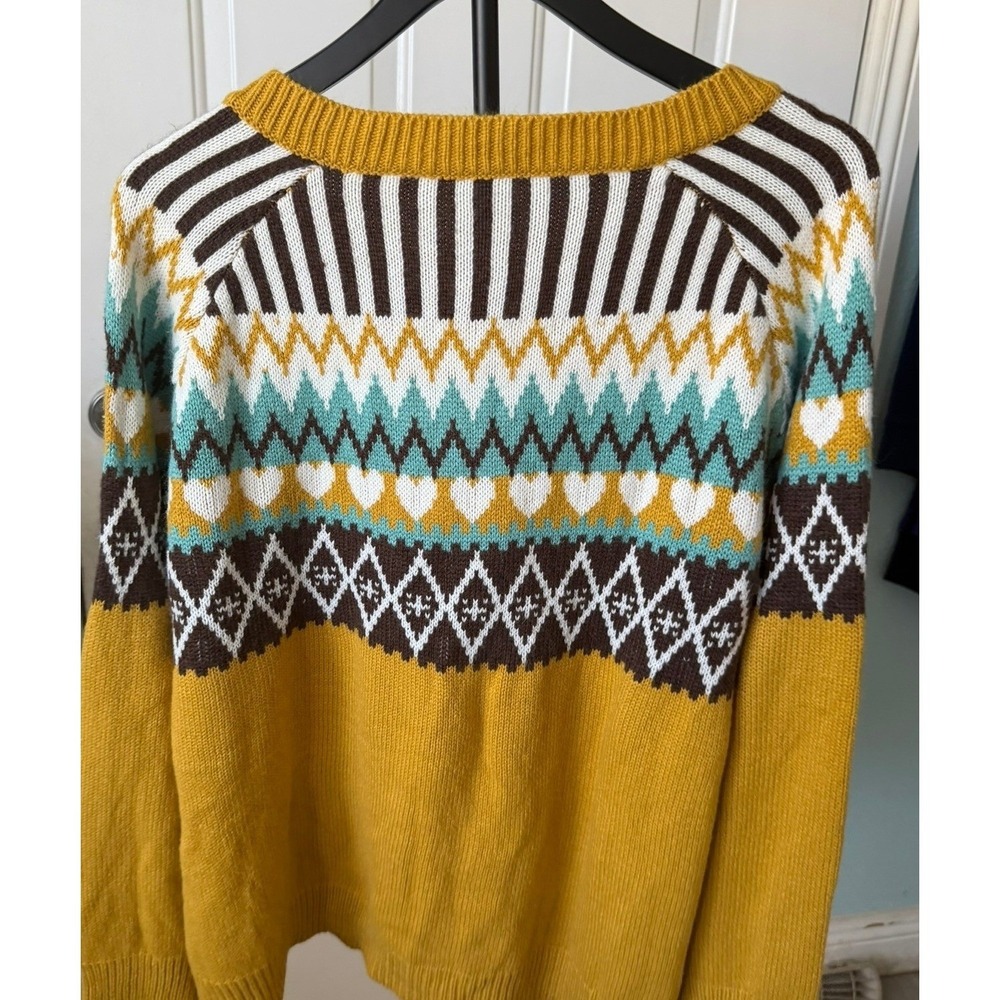 Fair Isle Mustard Yellow Button‎ Front Cardigan Sweater Hearts Diamonds 4XL - Picture 2 of 3